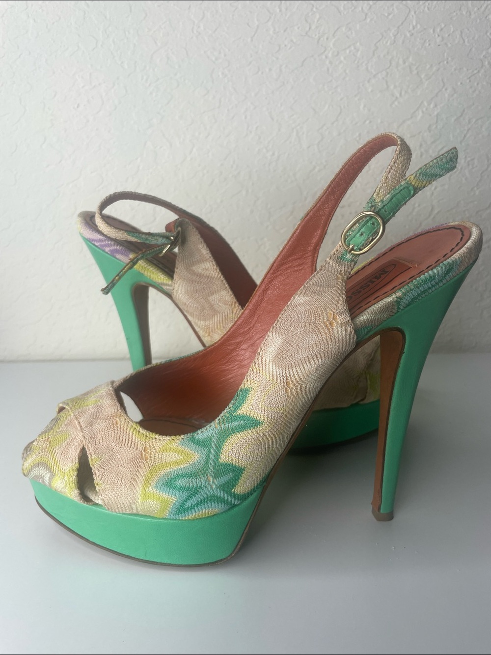 Authentic Missoni Green & Beige Floral Slingback Platform Heels size 38.5